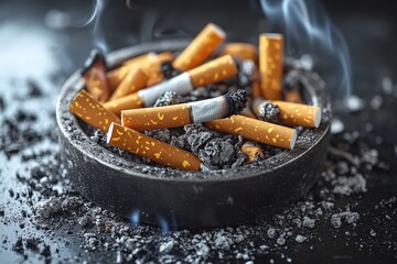 Ashtray filled with burnt cigarette butts and smoking ashes in a dimly lit environment