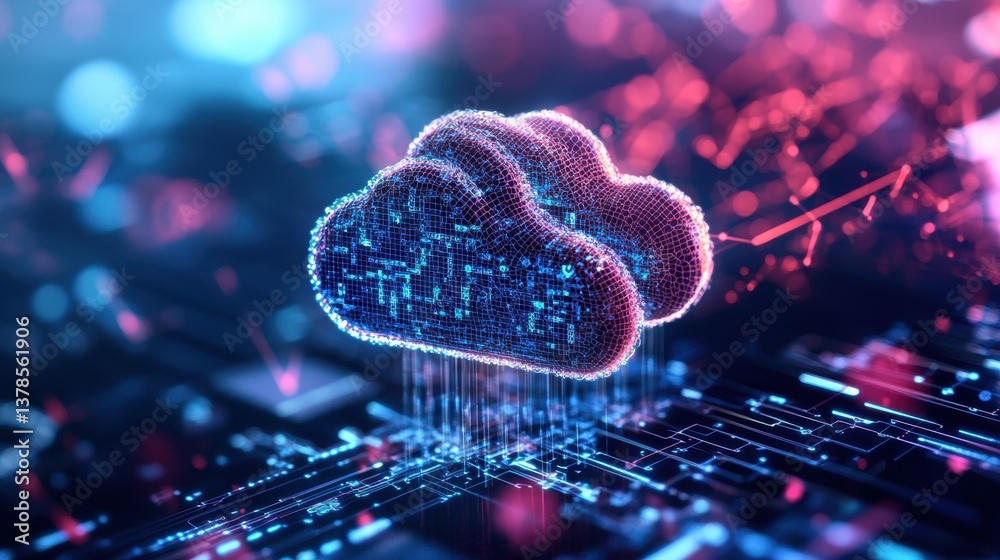 Poster Abstract digital rende featu interconnected cloud computing icons over a circuit board with vibrant blue and pink flowing data streams background