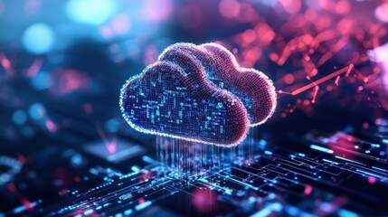 Abstract digital rende featu interconnected cloud computing icons over a circuit board with vibrant blue and pink flowing data streams background
