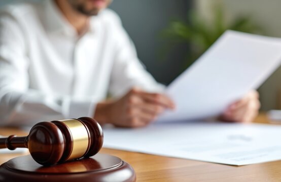 Lawyer reviews legal documents desk gavel nearby. Legal pro working process with justice system, courtroom defense, consultation, policy, advice, scrutiny, justice. Legal practice, law school.