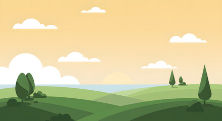 Fototapeta premium Sunset Over Rolling Hills: Minimalist Landscape Illustration
