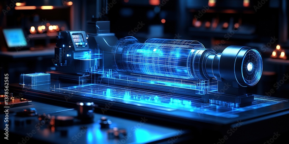 Poster advanced machinery in a high-tech workshop showcasing digital components and design elements in a fu