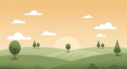 Fototapeta premium Sunset over Gentle Rolling Hills, Simplified Landscape Illustration