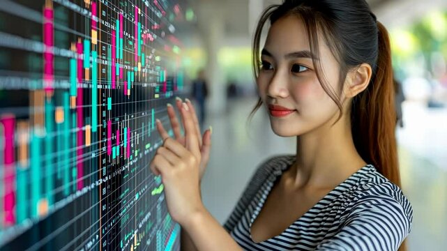 Young woman analyzing financial data on a large interactive display