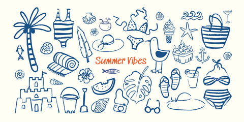 Cute sketchy summer line art collection. Beach & vacation hand drawn doodle icons. Vector illustration © Svitla