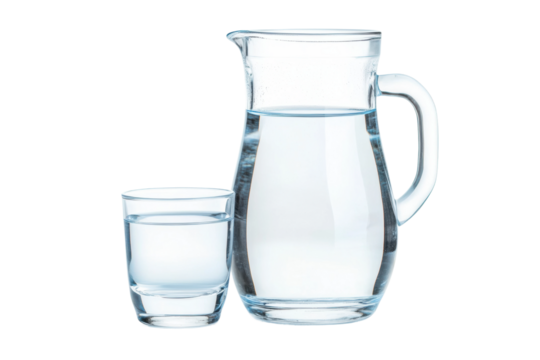 Glass pitcher and water glass filled with clear water on white, cut out