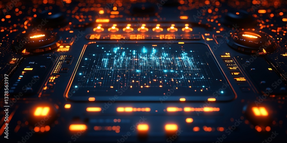 Poster digital circuit board with glowing elements and data streams in a futuristic design showcasing techn