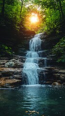 Serene forest waterfall at sunset with cascading water and lush green foliage