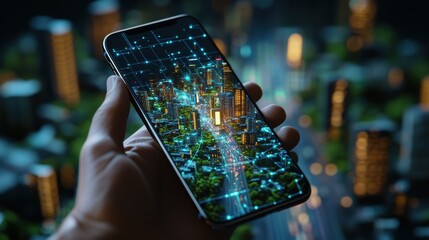 Hand holding a smartphone displaying a digital overlay of a modern city skyline representing the fusion of urban technology and infrastructure concepts