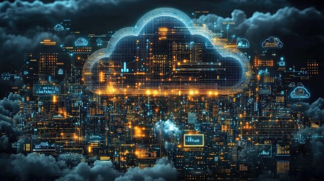 Futuristic cityscape with digital cloud technology integration amidst a stormy atmosphere - Powered by Adobe