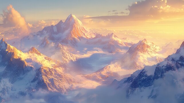 the airplane window, a stunning panorama of snow-capped mountains meets a clear horizon, bathed in golden sunlight.