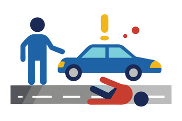 Naklejka premium Road Accident with Blue Car, Exclamation Mark, and Stick Figure on White
