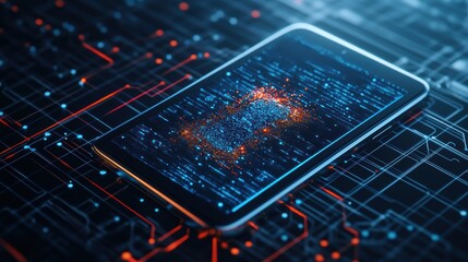 Digital fingerprint emerges from swirling data vortex on tablet above complex circuit board symbolizing biometric security and digital identity concepts