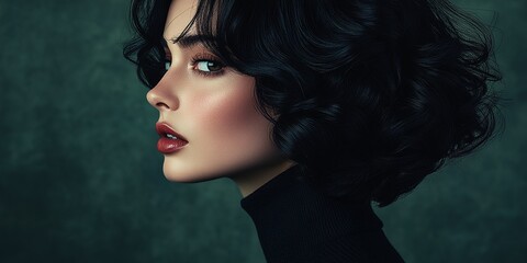 Fototapeta premium Elegant woman with dark curly hair poses against a textured backdrop