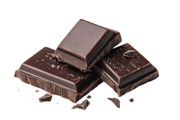 Three pieces of dark chocolate with broken shards on black background, cut out