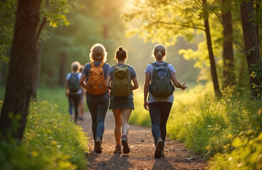 Group of friends walking on path in sunny forest. Ladies hike with backpacks on nature retreat during active vacation. Women enjoy time together outdoors, adventure in woods.