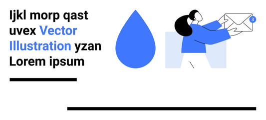 Person holding an oversized envelope with notification badge, blue drop symbol, text placeholders. Ideal for communication, email services, notifications, messaging, templates, updates simple