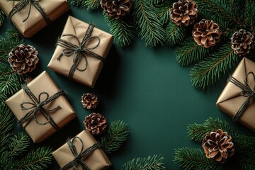 Christmas gifts and pine branches in a festive arrangement on green background