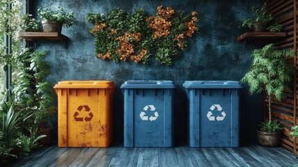 Fototapeta premium Colorful recycling bins arranged in a modern indoor space surrounded by lush greenery