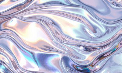 Fototapeta premium mesmerizing holographic wave background featuring smooth, flowing patterns in iridescent colors. shiny surface reflects light beautifully, creating dynamic and captivating visual experience