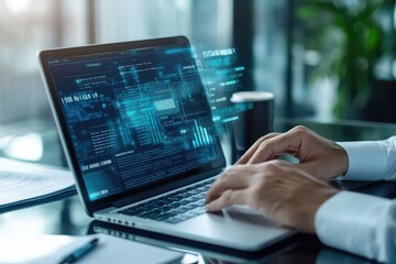 E-invoice and digital billing with laptop, online payment, electronic transactions, modern accounting, minimalistic business setup, secure finance platform. AI generated illustration.