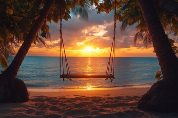 
A swing between palm trees against the backdrop of a sunset - warm light, long shadows from the swing on the sand, the ocean shines in the distance.

