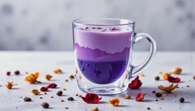 Modern food photo advertisement: A vibrant purple ube latte with frothy milk sits in a clear glass mug, adorned with scattered flower petals and cocoa nibs on a light grey surface.