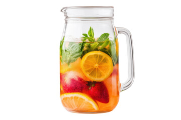 Refreshing citrus and berry infused water in glass pitcher with fresh mint, cut out