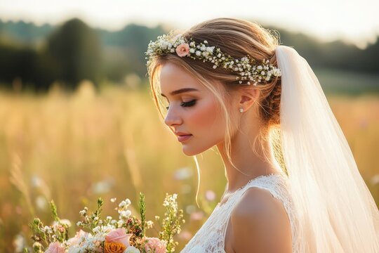 Elegant bride with floral crown in golden field during sunset captures a moment of joy and beauty