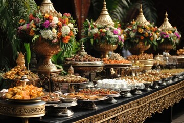 Fototapeta premium Elaborate royal dining setup for destination wedding buffet. AI generated illustration.
