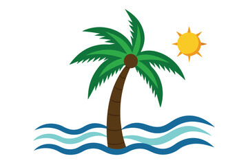 Simple Palm Tree with Wavy Blue Ocean and Shining Sun on Transparent Background