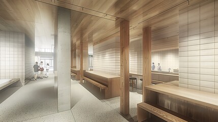 Modern interior architectural design with wooden elements and tiled walls