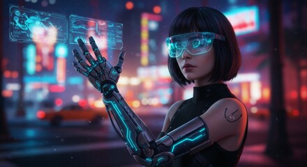 Woman with Cybernetic Arm Interacting with Holographic Interface in Cityscape