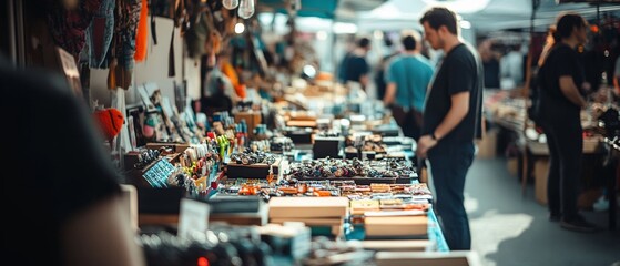 A busy, colorful market with people browsing various stalls filled with trinkets, crafts, and souvenirs, capturing the lively essence of market life.
