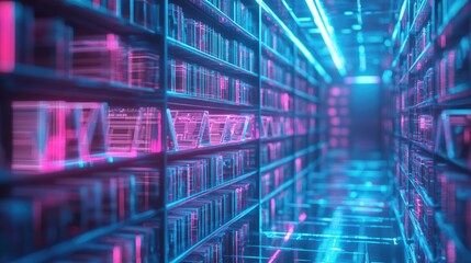 A futuristic corridor lined with glowing blue and pink neon lights