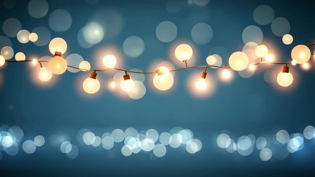 Festive string lights on a dark blue background with bokeh effect
