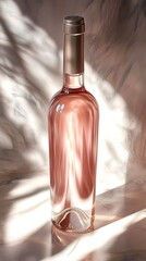 Close-up of a clear glass bottle filled with rose wine on a marble surface. Suitable for wine brand advertising, restaurant menus, lifestyle blogs and beverage related design.