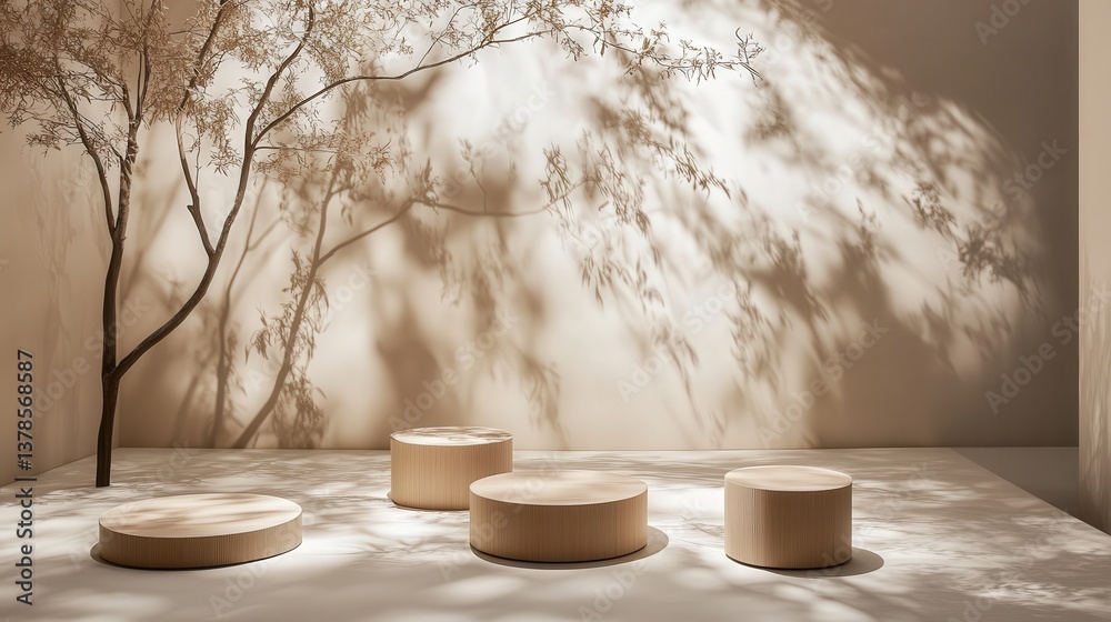 Poster beige stage adorned with circular podiums and dappled tree leaf shadows, creating a minimal and natu