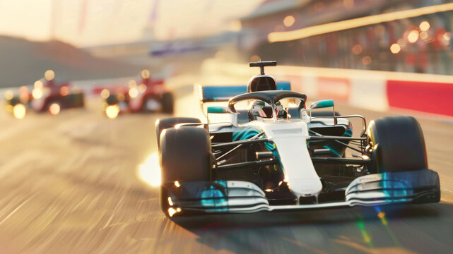 White Formula 1 car speeding on track during golden hour race