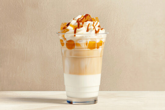Layered iced caramel macchiato with whipped cream and syrup
