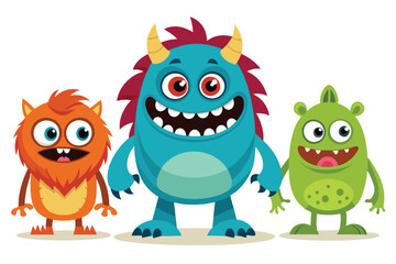 Fototapeta premium Three Friendly Cartoon Monsters with Big Eyes on a White Background