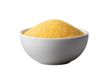 White bowl filled with yellow millet grains on white background, cut out
