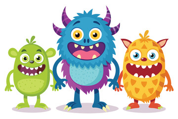 Fototapeta premium Trio of Cartoon Monsters Green Blue and Orange with Big Smiles on a White Background