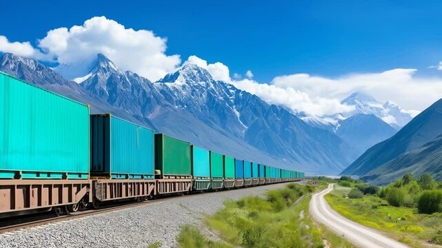 Yellow locomotive pulling freight train along railway in mountain valley