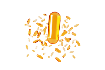 Close-up of various vitamin capsules and yellow oil gel pills on black background, cut out