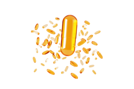 Close-up of various vitamin capsules and yellow oil gel pills on black background, cut out
