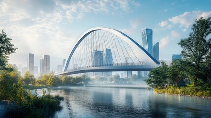 Obraz premium modern bridge with gracefully arched steel cables, standing as a symbol of innovation and strength over a bustling city river.