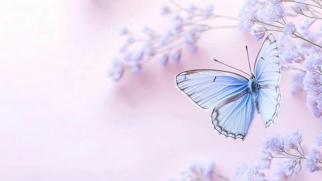 Beautiful blue butterfly perched on small purple flowers with a solid pink background