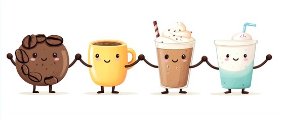 Adorable Coffee Break Friends Holding Hands: Coffee Cup, Cookie, Iced Coffee, and Milkshake Cartoon Illustration