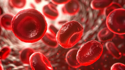 This Red blood cells flow in a biofluid designed for medical transfusions with synthetic elements.